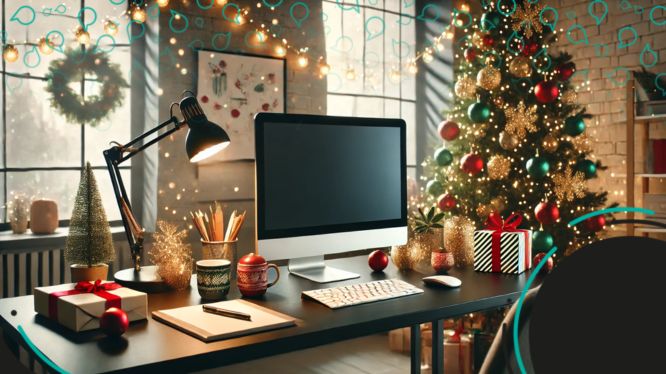 Una oficina festiva decorada para Navidad con un escritorio moderno que incluye una computadora, regalos envueltos, adornos navideños y luces brillantes. Al fondo, un árbol de Navidad decorado y una ventana iluminada crean un ambiente cálido y acogedor.