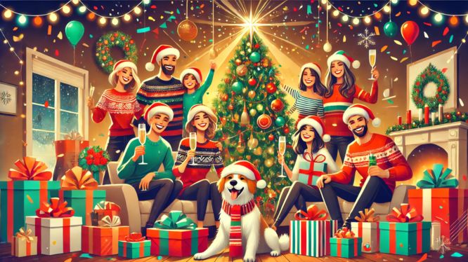 Ilustración festiva de una familia y amigos celebrando Navidad con un perro frente a un árbol decorado, rodeados de regalos y luces