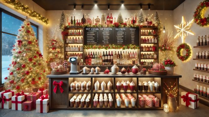 Tienda navideña con bebidas festivas, chocolates calientes decorados y un árbol iluminado, rodeada de guirnaldas y adornos