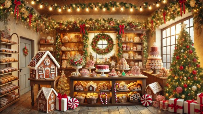 Una panadería navideña acogedora decorada con guirnaldas, luces cálidas y un árbol de Navidad. En el centro, mesas con casas de jengibre, pasteles y dulces festivos, rodeadas de pan y regalos envueltos