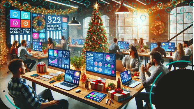 Oficina creativa decorada para Navidad, con equipos trabajando en campañas digitales, rodeados de luces, regalos y un árbol festivo