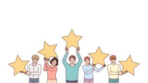 Ilustración de un grupo de personas sosteniendo estrellas doradas, simbolizando calificaciones positivas y excelente atención al cliente