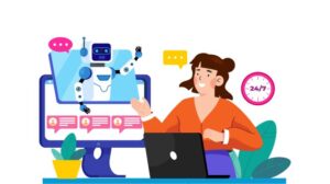 Ilustración de una mujer interactuando con un chatbot en la pantalla de su computadora, representando atención al cliente automatizada 24/7. Fondo con elementos tecnológicos y un reloj indicando disponibilidad continua