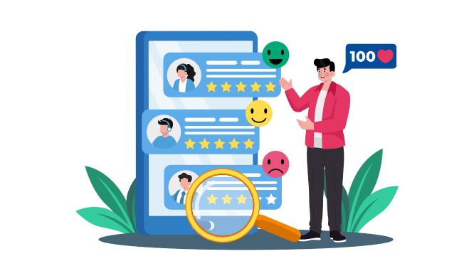 Ilustración de un hombre evaluando calificaciones y comentarios de clientes en un dispositivo móvil, con emojis que reflejan satisfacción y una lupa destacando los detalles. Representación de análisis de opiniones y feedback