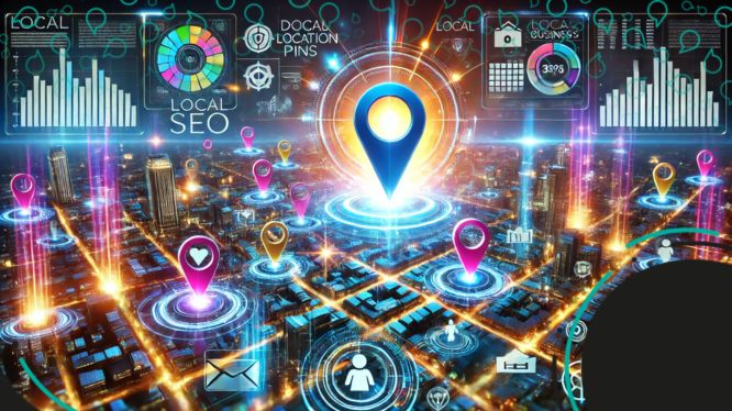 La imagen muestra un diseño futurista que representa el concepto de SEO Local. En ella se destacan elementos digitales como pines de ubicación, gráficos de datos, y un mapa iluminado con conexiones dinámicas. Los colores vibrantes y el enfoque en la tecnología resaltan el impacto del SEO local en la estrategia de negocios, mostrando cómo conecta empresas con su público objetivo de manera efectiva y moderna