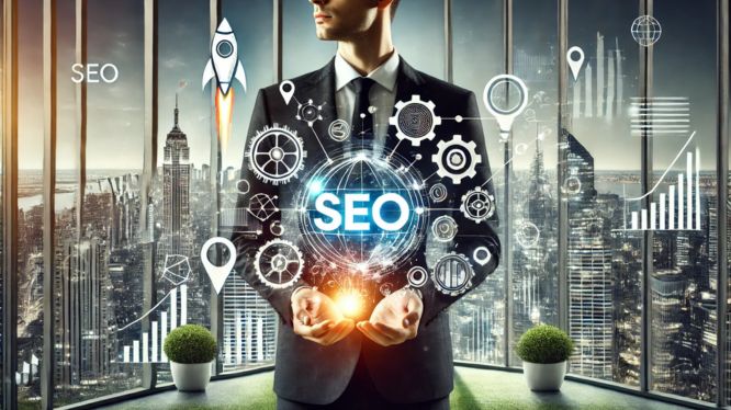 La imagen muestra un enfoque profesional y corporativo del SEO, representado por un hombre de negocios en traje que sostiene un concepto digital brillante. Alrededor, se visualizan íconos relacionados con el SEO, como pines de ubicación, engranajes y gráficas de datos, simbolizando estrategia y crecimiento