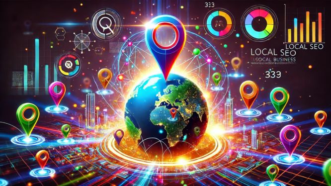 La imagen es una representación creativa y futurista del SEO Local, destacando un globo terráqueo iluminado en el centro, rodeado de pines de ubicación vibrantes y gráficos de datos. Los elementos visuales como gráficos de barras, líneas de conexión y colores brillantes simbolizan la conexión global y local que el SEO proporciona, ayudando a los negocios a crecer digitalmente y llegar a su audiencia de manera efectiva